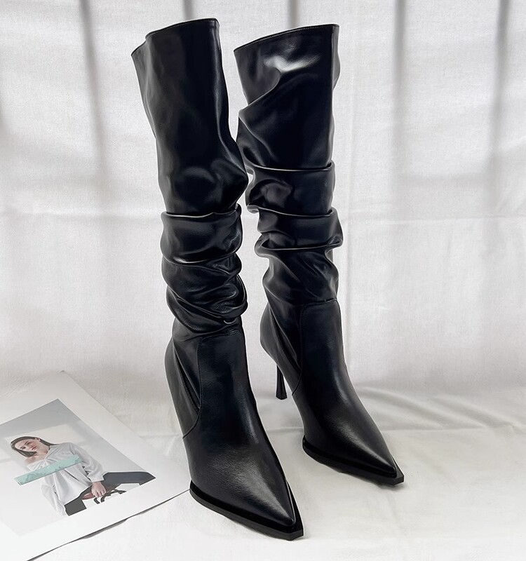 여성을위한 유럽과 미국의 지적 발가락 주름 높은 부츠 2023 가을 얇은 뒤꿈치 뱀 인쇄 파일 부츠 하이힐은 무릎 부츠 이상