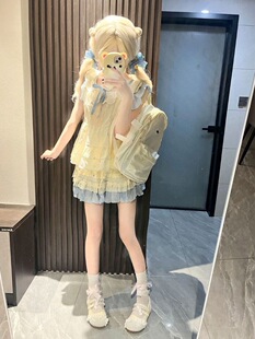 甜妹奶油蓝拼色碎花小飞袖上衣夏季新款学院风蓬蓬蛋糕裙两件套装