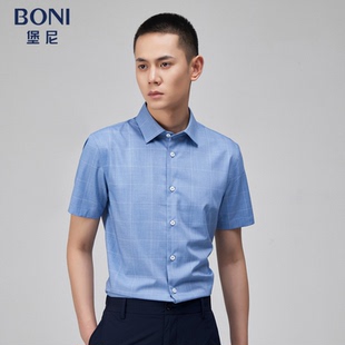 BONI/堡尼夏季新品商务短袖衬衫混纺修身衬衣格纹上衣男GN366B01B