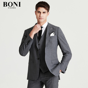 BONI/堡尼灰色竖条纹商务正装羊毛混纺套西西装上装