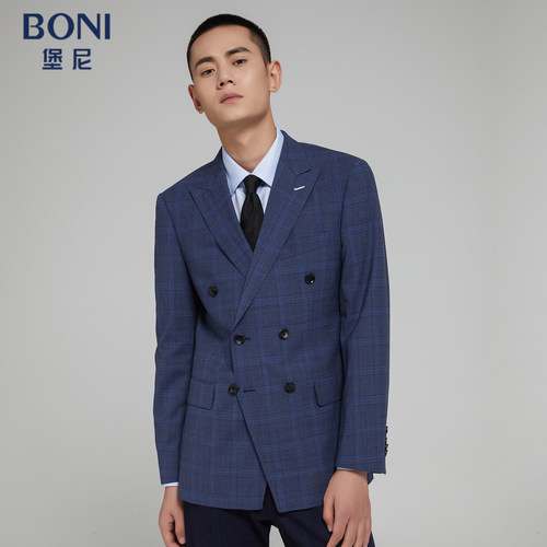 BONI/堡尼新品商务休闲西服修身上衣羊毛西装格纹外套男
