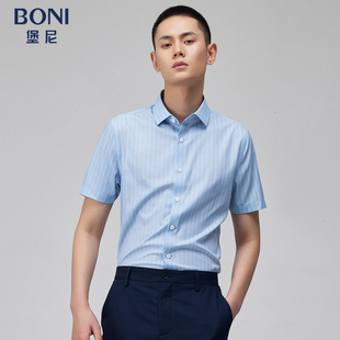 BONI/堡尼夏季新品商务短袖衬衫男士修身衬衣竖条纹上衣GN365A81B