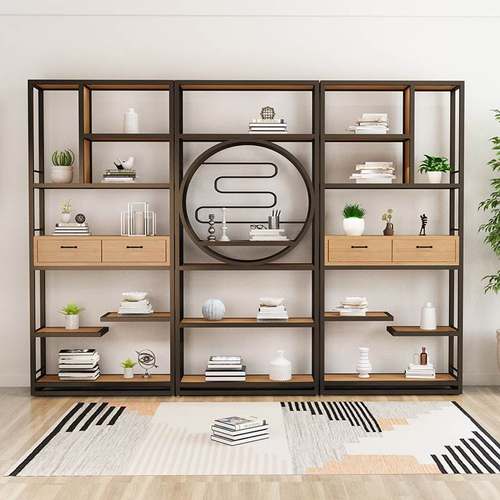 新中式实木博古架办公室客厅餐厅玄关隔断置物架铁艺茶桌落地书柜