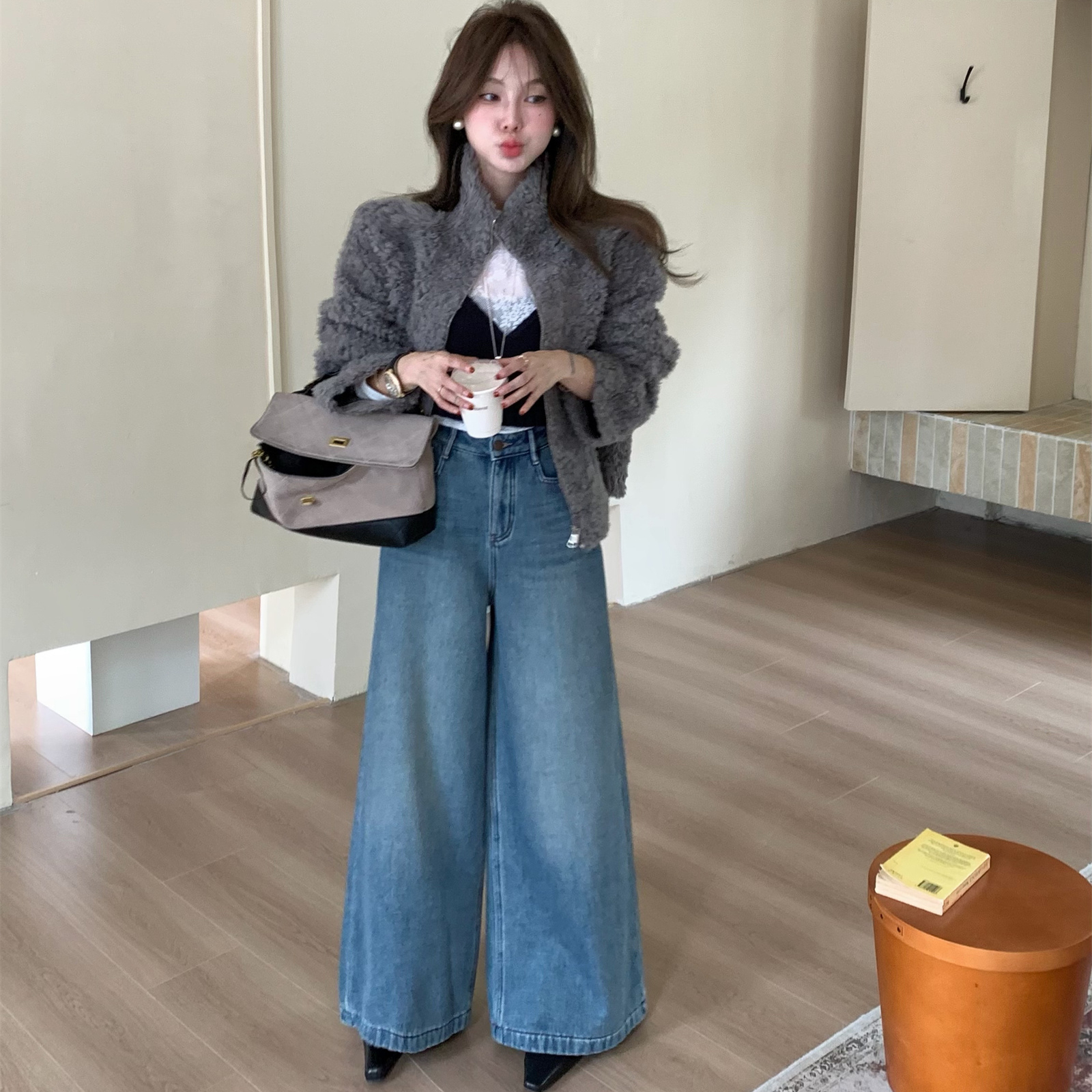 PALACE复合绒保暖高腰阔腿牛仔裤