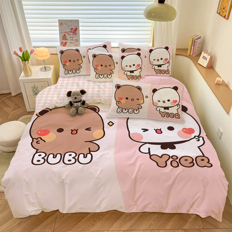 A类纯棉一二布布四件套可爱小熊全棉床单床笠被套卡通宿舍三件套
