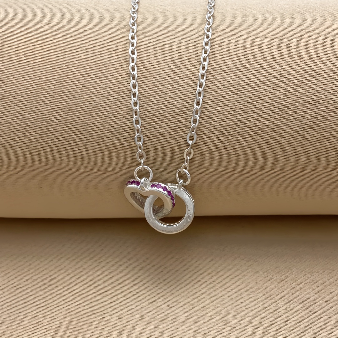 925银微镶爱心项链心形双环配件