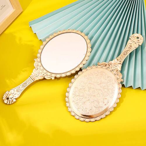 Rose Gold Portable Vintage Makeup Mirror Hand Hold Oval Roun
