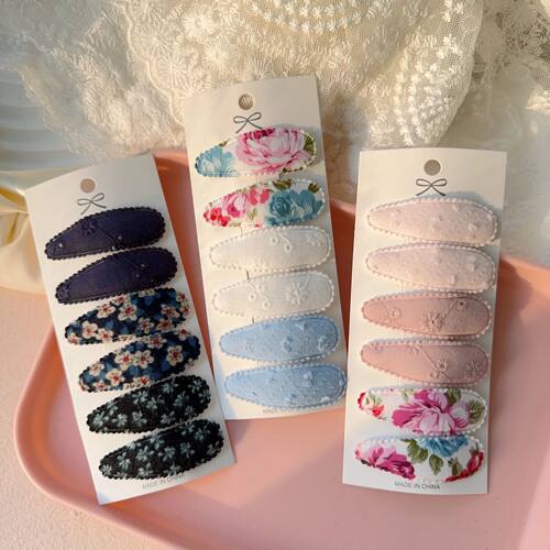 6Pcs/set Fresh Print Cotton Alloy Hair Clips for Kids Fabric