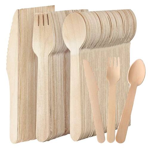 50PCS Disposable Wooden Forks Spoons Knives Wooden Tableware