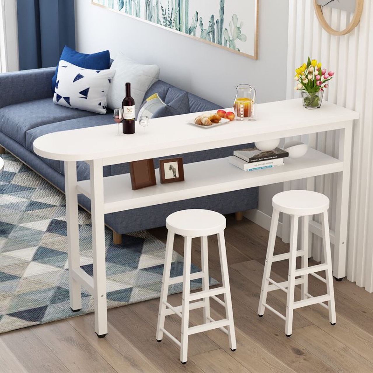 简约现代半圆双层隔断客厅小吧台桌家用细长桌高脚靠墙咖啡餐桌椅