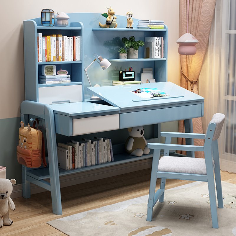 实木书桌桌面可调节卧室男孩学生学习写字桌蓝色儿童升降桌椅套装