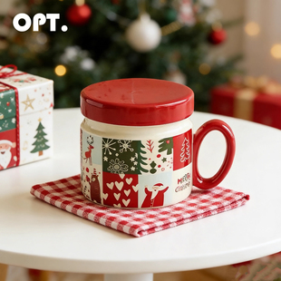 OPT陶瓷带盖圣诞马克杯咖啡牛奶茶杯带茶隔办公室杯子新年礼物