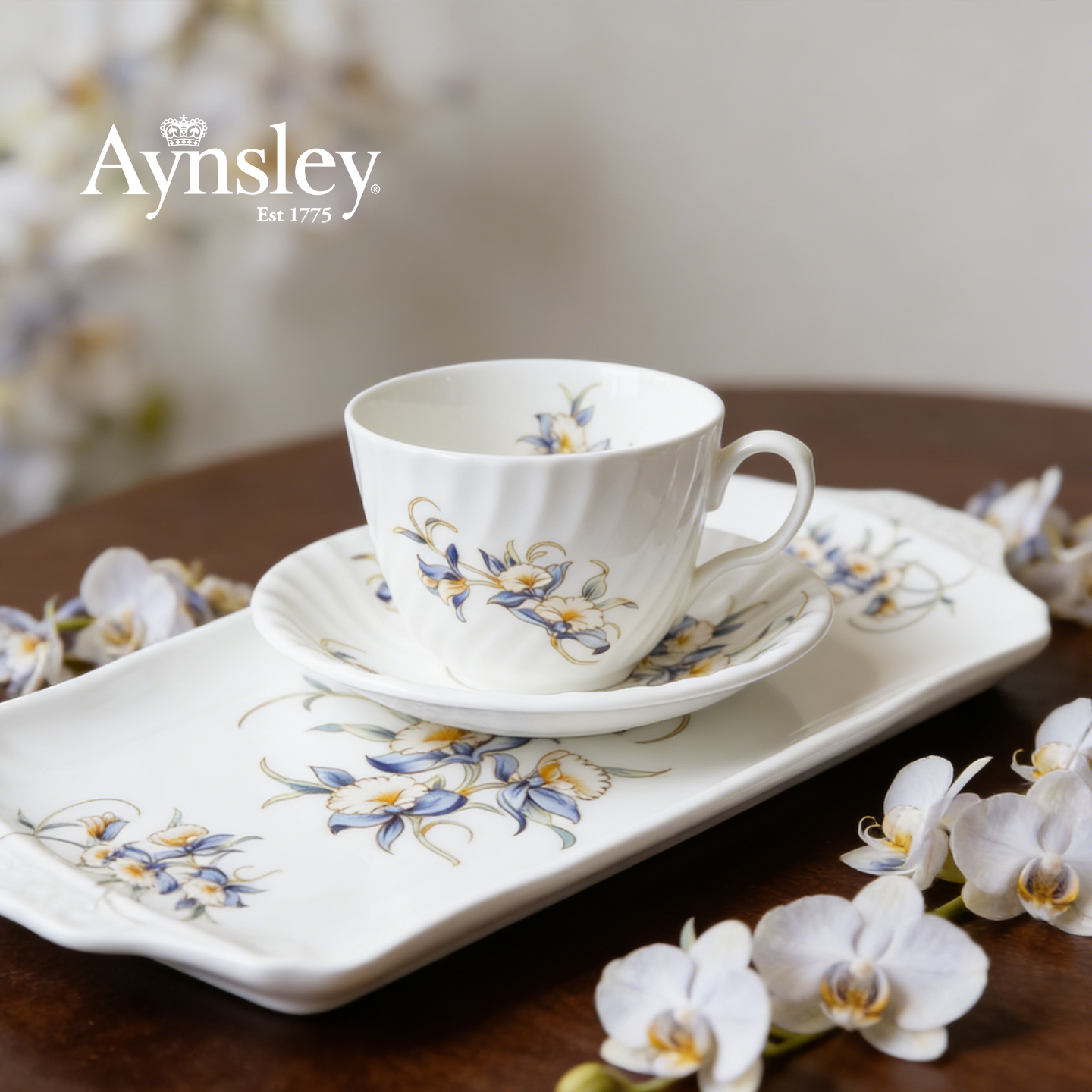 英国Aynsley安斯丽兰花Swirl骨瓷咖啡杯高级感轻奢高颜值下午茶具