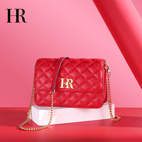 HR赫莲娜女士小方包2025新款高级红菱格链条轻奢斜挎单肩包女式包