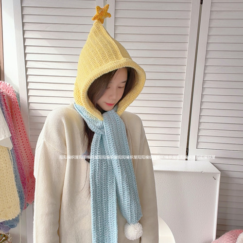 DIY钩针星星围巾连体帽材料包