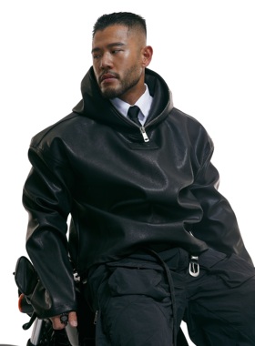 OUTOF - 款号96 立体廓形皮衣套衫美式连帽皮卫衣