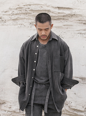 OUTOF #34 原创OS水洗石墨灰色系廓形男衬衫外套  贴皮款