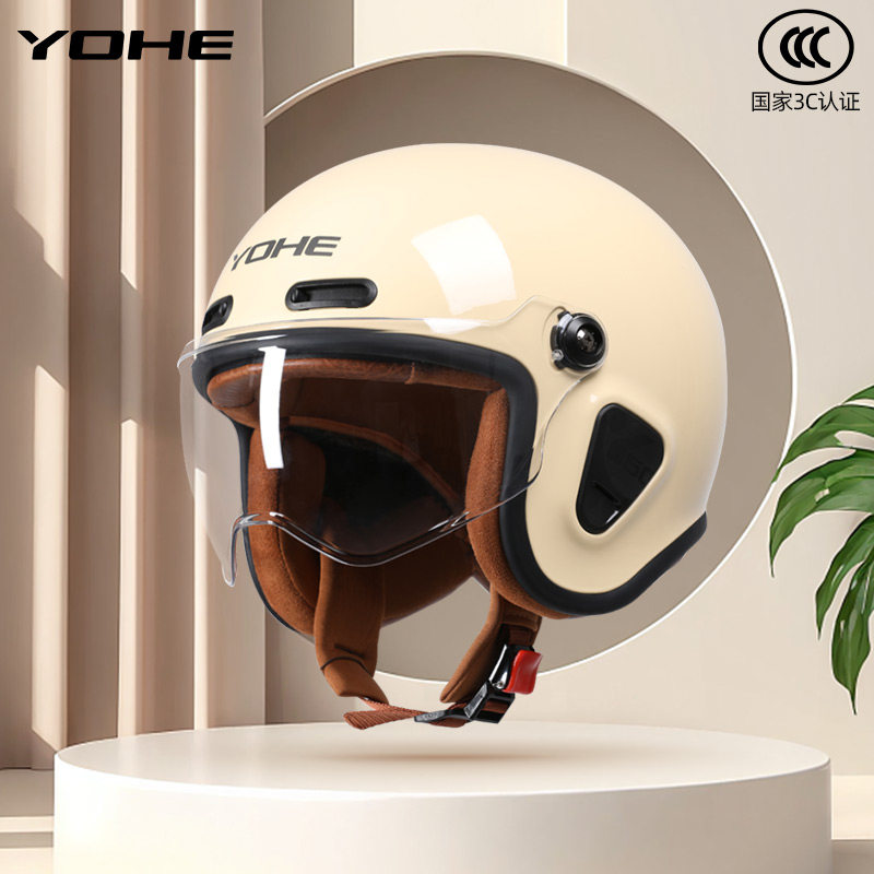 3C永恒电动车头盔女士冬季新国标摩托车男复古四分之三安全盔y50