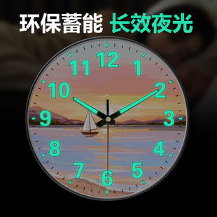 夜光圆形时钟挂墙风景创意 轻奢电波挂钟客厅现代简约钟表家用时尚