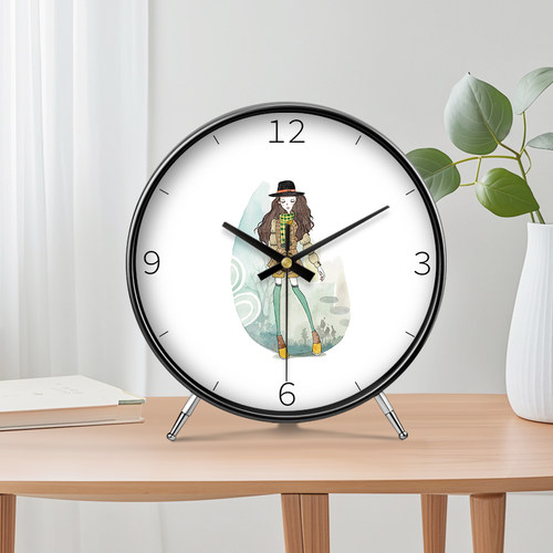 人物摆放时钟玄关入户用创意客厅钟表漫画风格高级感摆件现代台钟