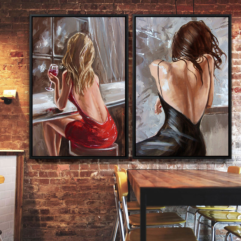 工业风酒吧装饰画复古红酒美女油画包厢壁画清吧背景墙西餐厅挂画图片