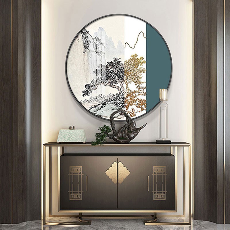 山水画圆形装饰画新中式客厅沙发背景墙壁画入户玄关酒店大气直销图片