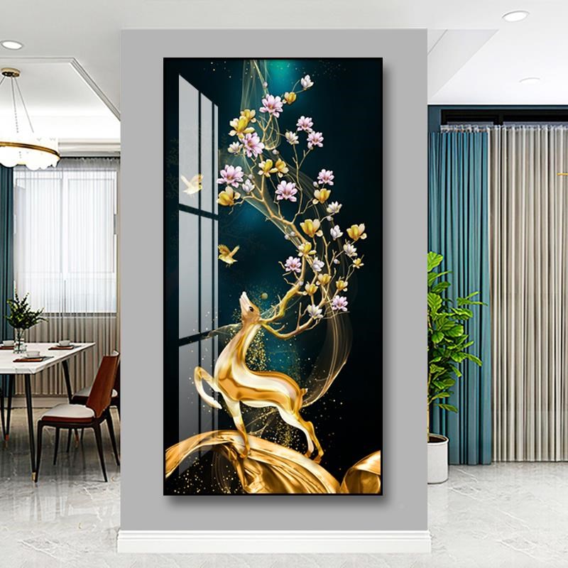 网红现代简约厅画玄关装饰画轻奢客进福版鹿挂门走廊过道竖背直销