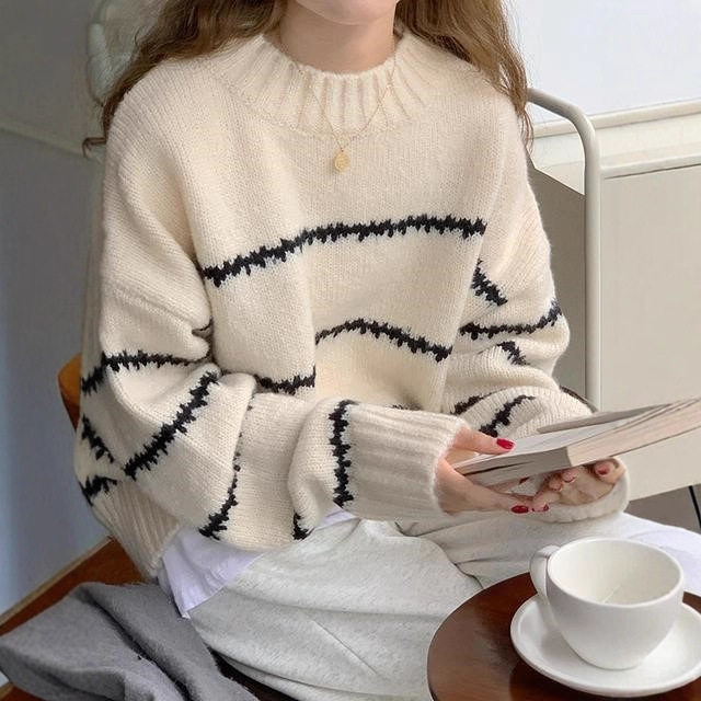 复古日系撞色慵懒风宽松毛衣女春秋冬2025新款长袖条纹圆领针织衫,女装/女士精品,毛衣,淘宝优惠券,粉丝福利购,淘宝优惠卷