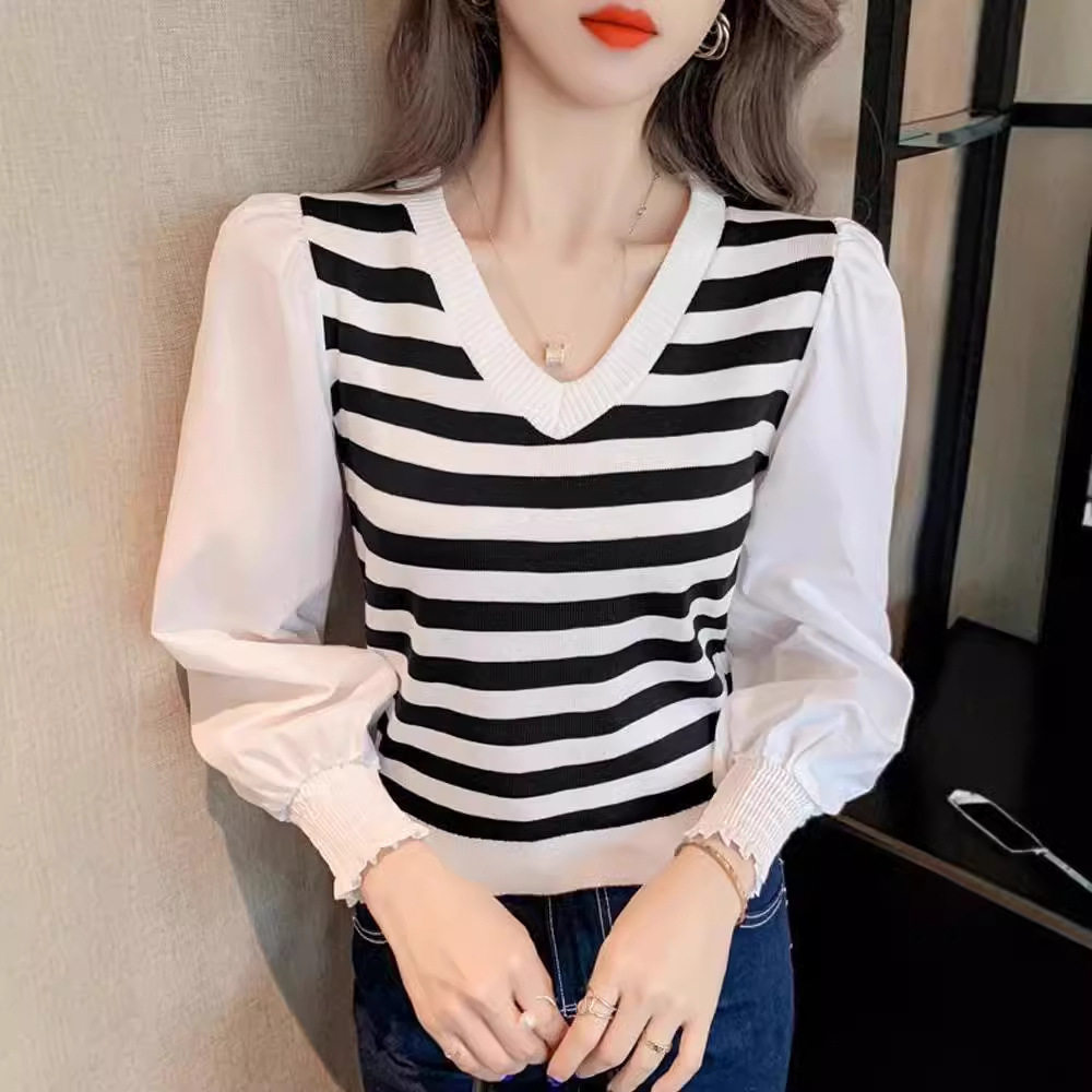 时尚宽松v领假两件条纹针织衫女泡泡袖设计感小众内搭早秋季上衣,孕妇装/孕产妇用品/营养,针织衫,淘宝优惠券,粉丝福利购,淘宝优惠卷