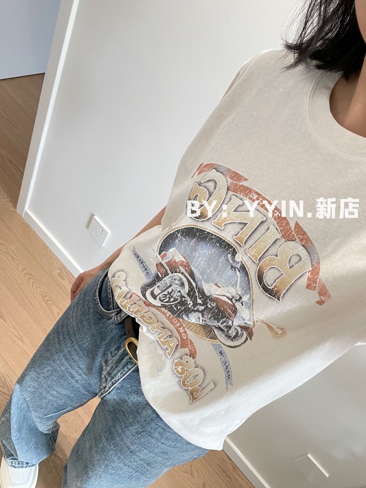 【YYIN】时博Chic重工洗水 美式复古机车斑驳印花图案春夏短袖T恤