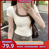 QIANSHUO女裝欽妍店掛頸系帶方領(lǐng)短袖T恤女假兩件修身短款上衣a59