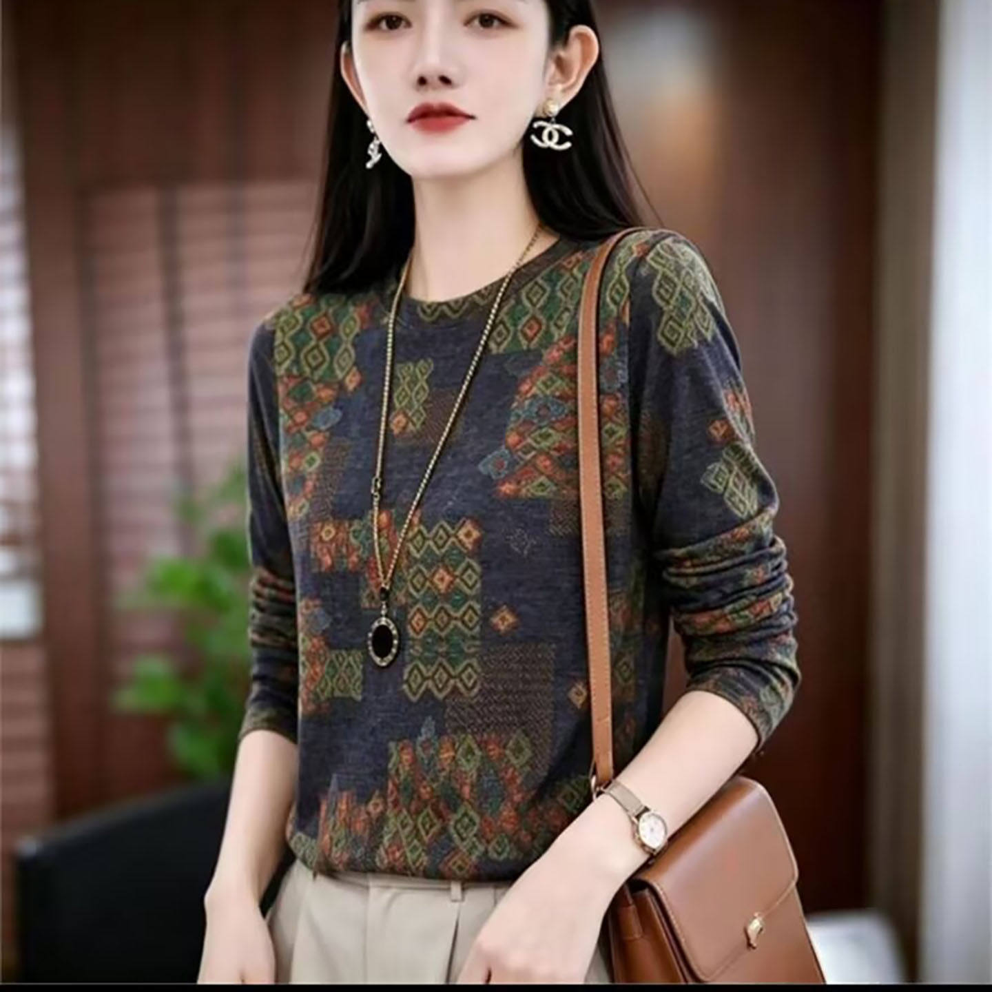 名佳怡甄选店女装棉麻方块印花打底衫春秋季女士软糯内搭长袖上a4