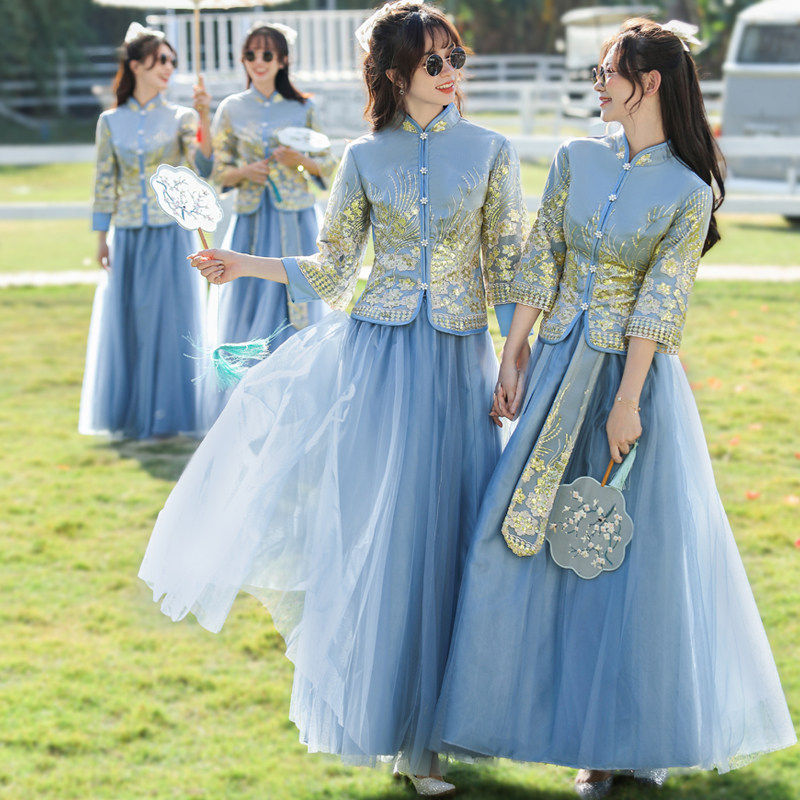 伴娘服中式2026新款秀禾国风显瘦蓝色伴娘裙姐妹团结婚礼服女旗袍