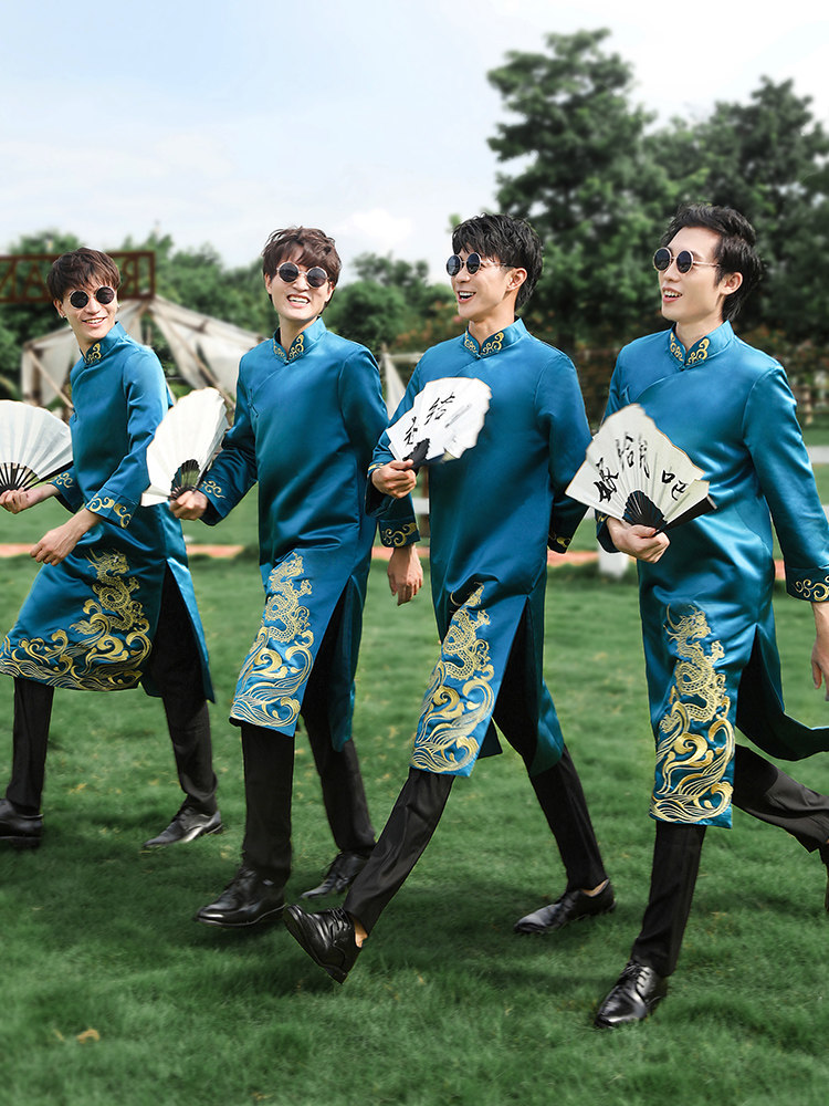 BEST MAN SUITS CHINESE-STYLE MALE BROTHER COSTUMES WEDDING DRESSES FUNNY CHINESE-STYLE HANFU TANG COSTUMES BLUE COATS BROTHERS UNIFORMS