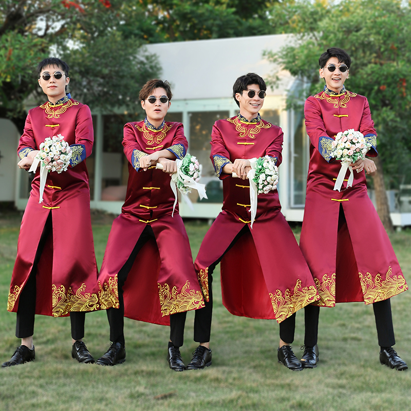 搞笑中国风男中式伴郎团服兄弟装