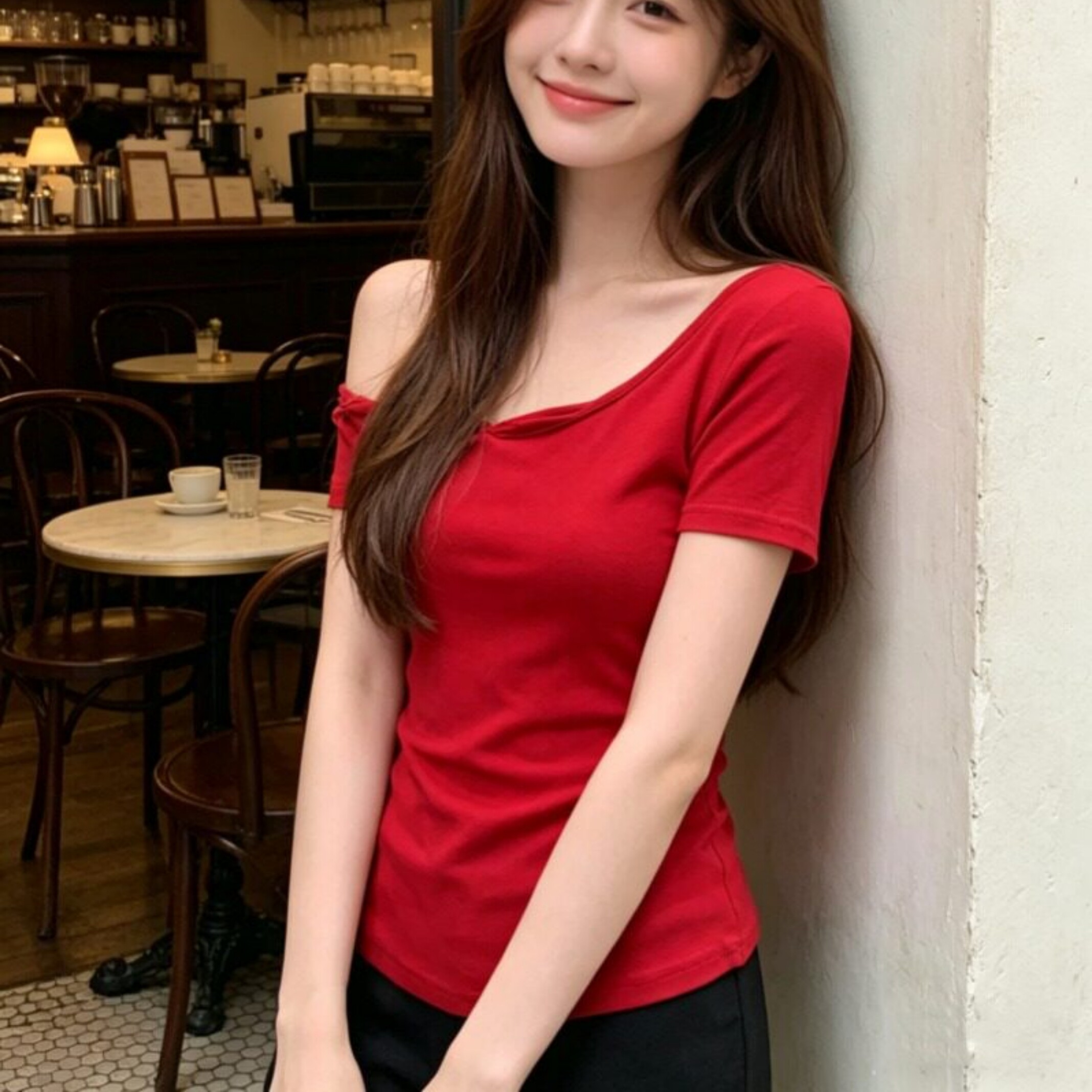 设计感红色斜肩显瘦百搭短袖T恤女夏季修身露肩别致上衣