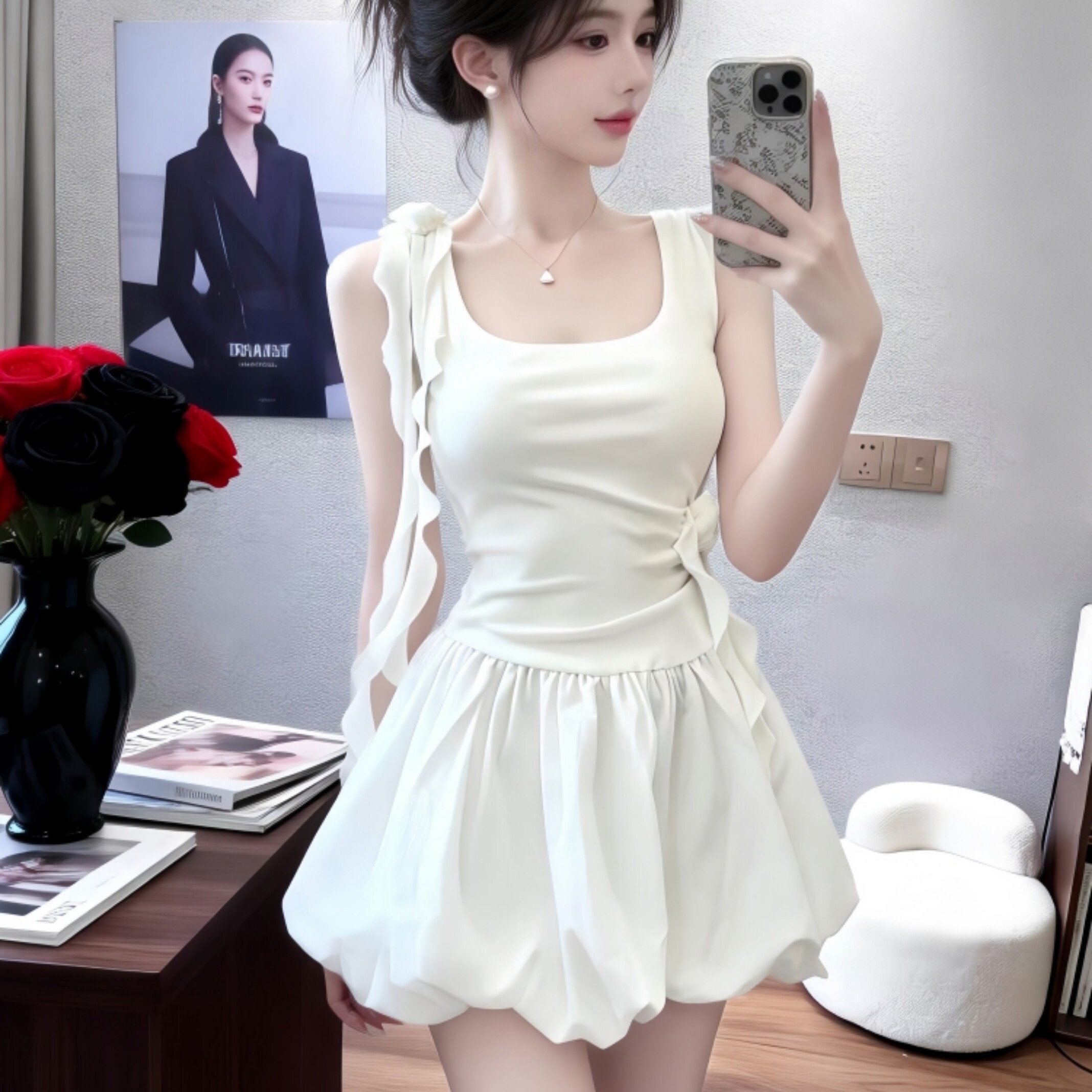 法式温柔风无袖花苞连衣裙女2026夏季新款小个子收腰显瘦A字短裙