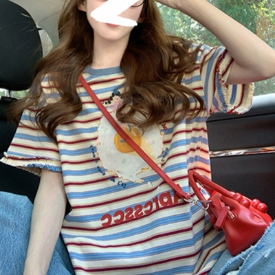 实价 原版面料  螺纹领口后包边+印花+袖口花边条纹短袖T恤女