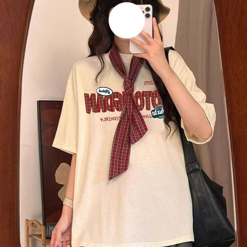 220g纯棉 螺纹领口  后包边 刺绣字母带围巾短袖T恤男女