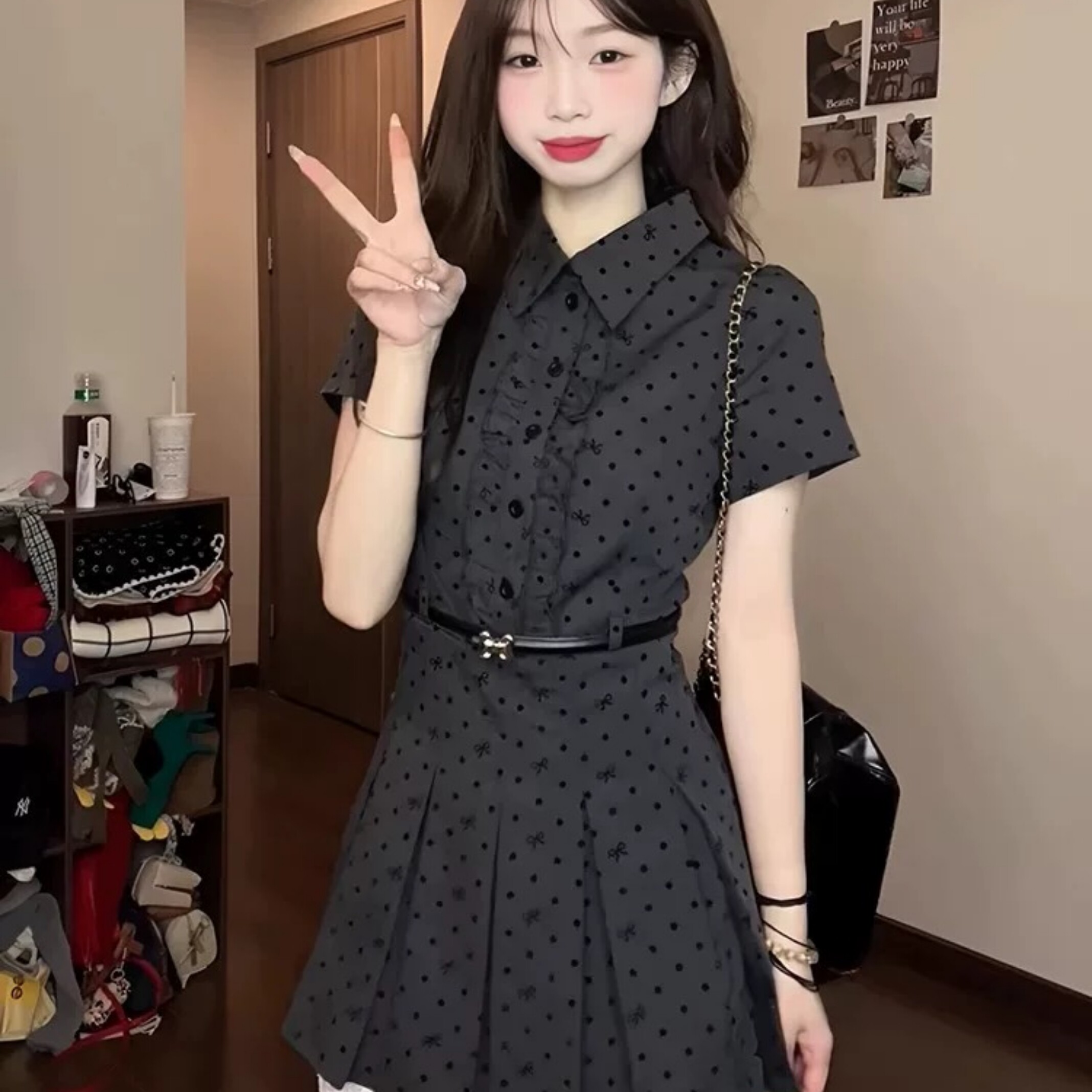 韩系复古假两件波点短袖连衣裙女夏季学院风穿搭收腰显瘦a字短裙