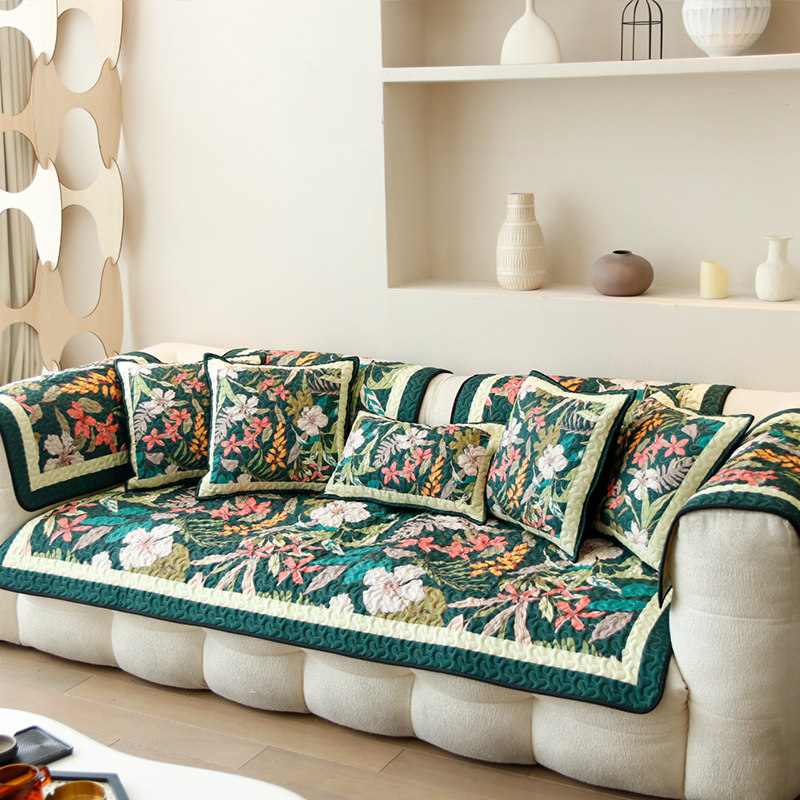 美式植物花卉沙发垫布艺防滑坐垫四季通用碎花靠背巾沙发套巾盖布