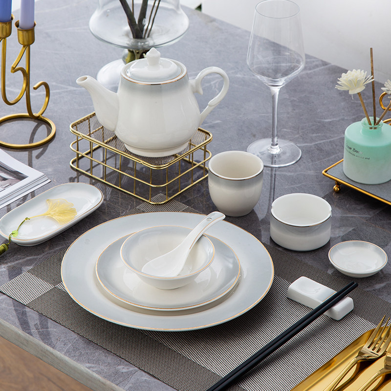 酒店摆台餐具四件套陶瓷碗碟盘包厢台面餐厅饭店金边餐具用品套装
