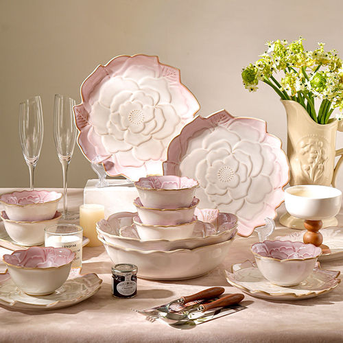 玫瑰渐变中式复古风陶瓷鱼盘子家用菜盘餐具米饭碗菜碟子深盘餐盘