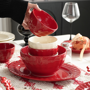 双喜奶油风米饭碗特别好看 餐具小碗家用红色2025新年陶瓷吃饭碗