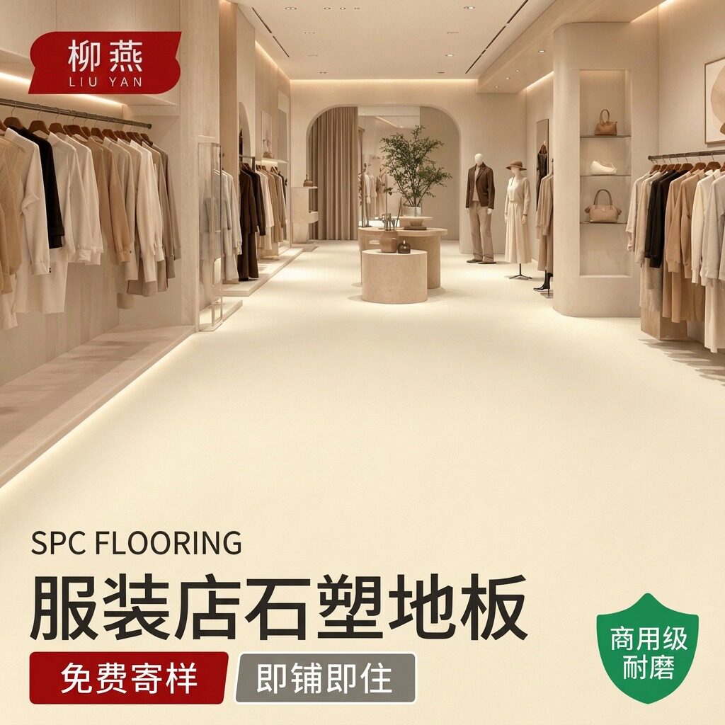 SPC锁扣石塑地板奶油风直铺图片