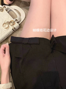 魏妮妮版型具好黑色春季百搭蝴蝶结西装短裤休闲a字收腰花苞裤女