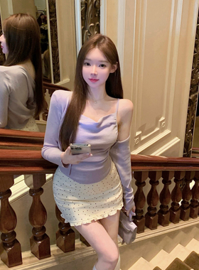 魏妮妮紫色吊带背心针织开衫短款修身上衣两件套装春季小香罩衫女