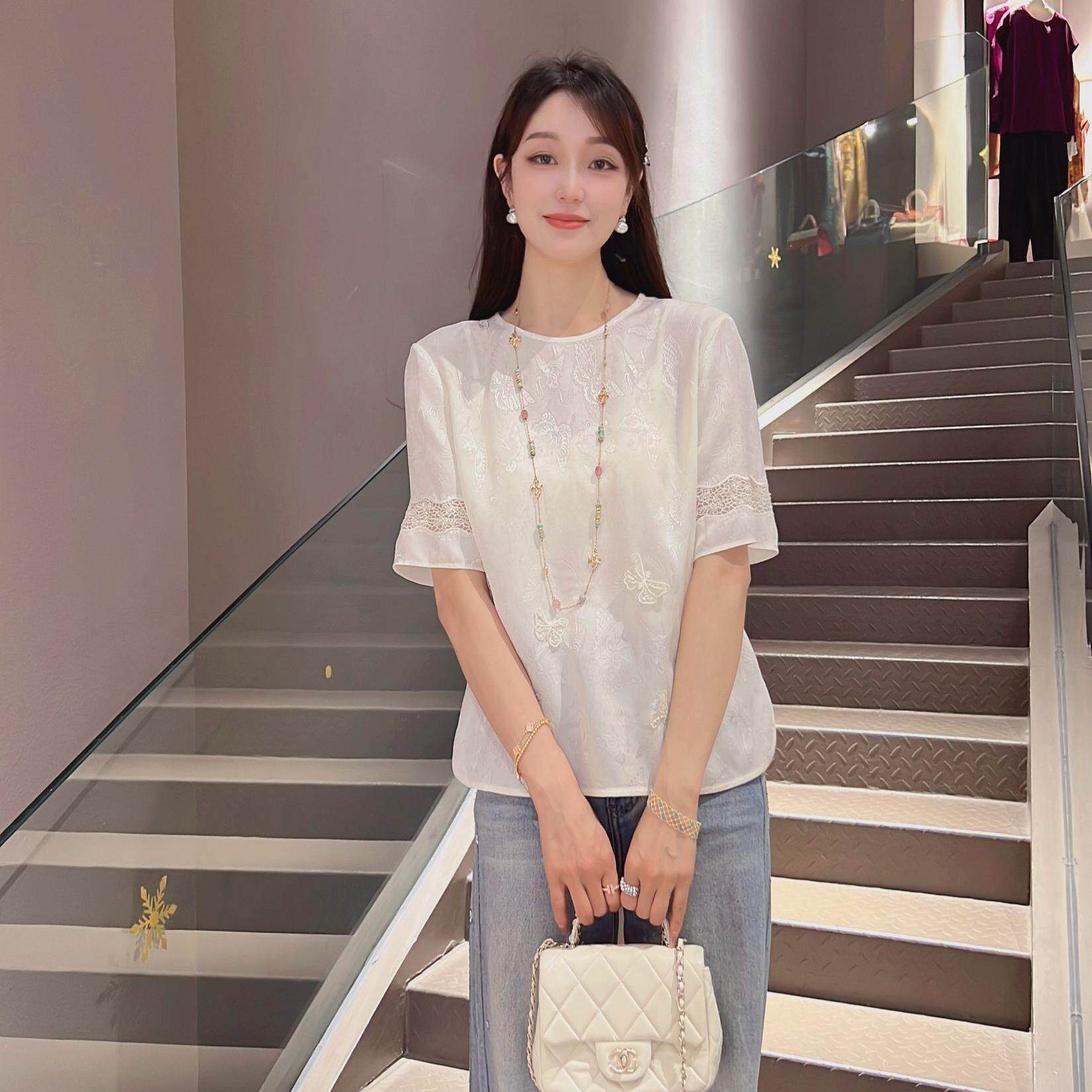 《婷婷定制》夏季醋酸花萝新中式复古立体蝴蝶圆领气质短袖8262B