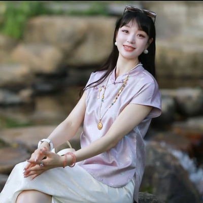 夏季中国风新中式时尚百搭气质修身立领女士衬衫 5430