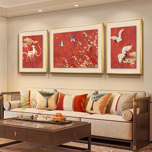 《瑞鹤图》客厅装饰画新中式花鸟沙发背景墙挂画东方美学三联壁画